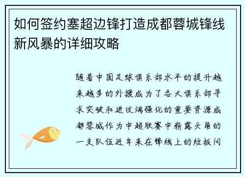 如何签约塞超边锋打造成都蓉城锋线新风暴的详细攻略
